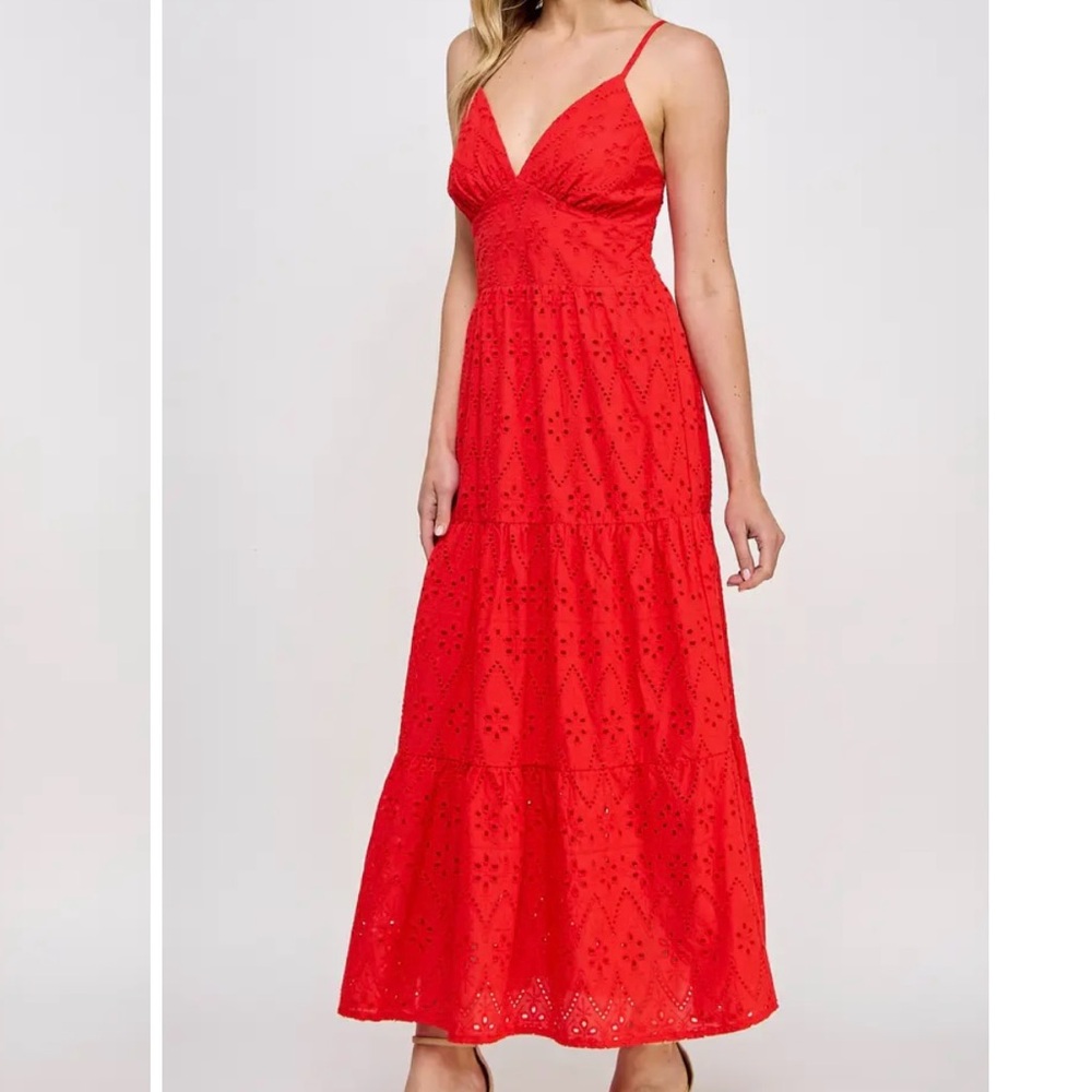 KOKO + MASON Elegant Red Eyelet Maxi Dress